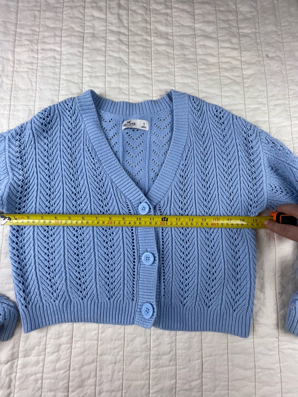 Hollister Light Blue Open-Knit Button cropped Cardigan small - Picture 3 of 6